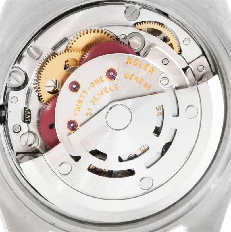 The image shows the movement and internal mechanism of the Rolex Oyster Perpetual 176200 Women's Stainless Steel Silver Dial 176200 Women's Stainless Steel Silver Dial watch from the back angle.