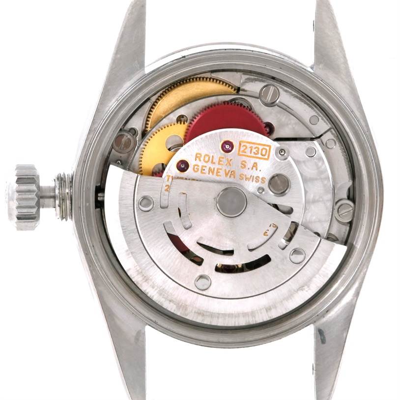 This image shows the inner mechanical parts of a Rolex Oyster Perpetual 67194 Women's Stainless Steel Pink Dial 67194 Women's Stainless Steel Pink Dial watch model from a top-down angle.