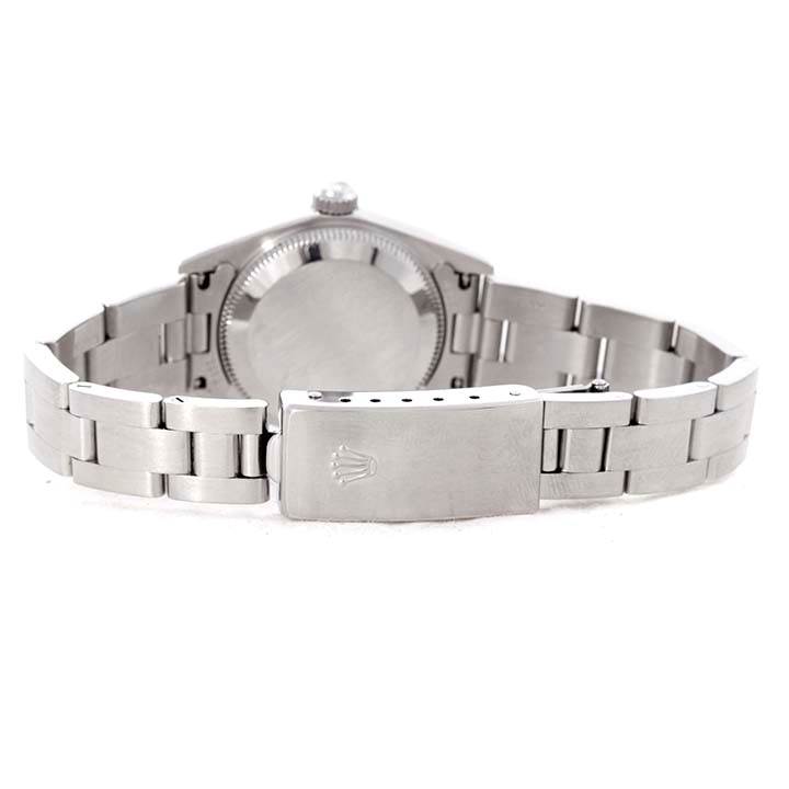 This image shows the back view of the Rolex Oyster Perpetual 76080 Women's Stainless Steel Pink Dial 76080 Women's Stainless Steel Pink Dial watch, highlighting the clasp and bracelet.