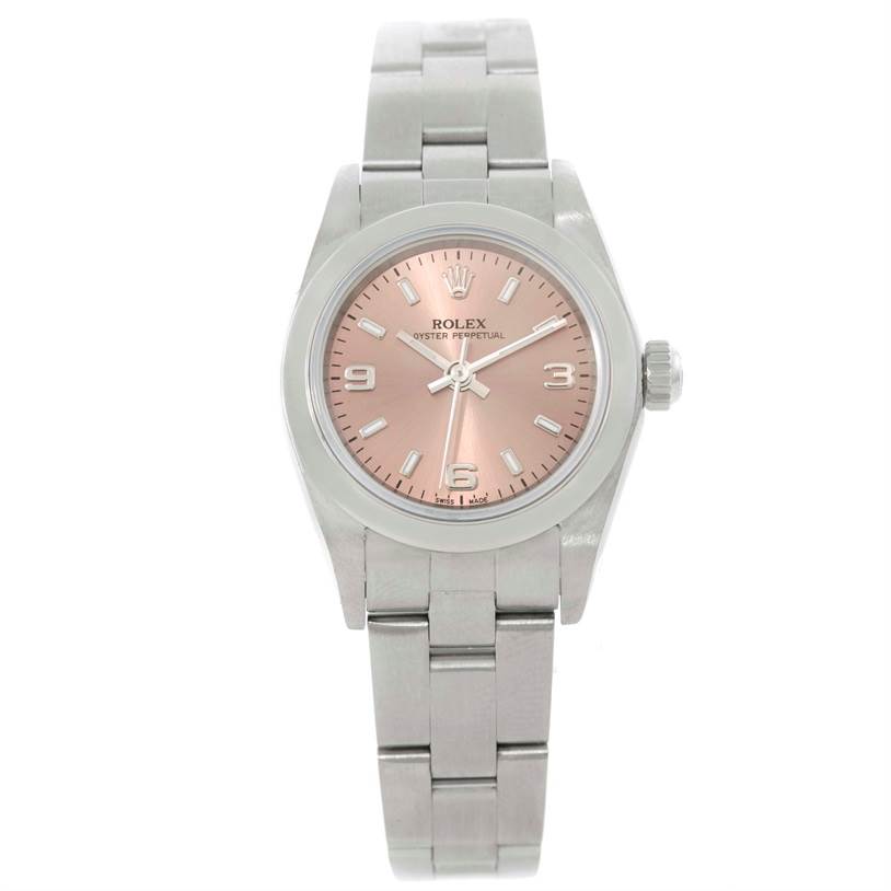 This image shows a Rolex Oyster Perpetual 76080 Women's Stainless Steel Pink Dial 76080 Women's Stainless Steel Pink Dial watch from a frontal angle, highlighting its bracelet, case, and pink dial.
