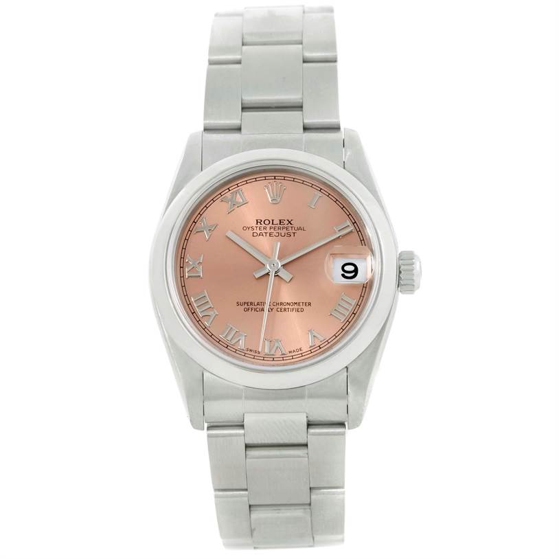This is a front view of a Rolex Oyster Perpetual 67180 Women's Stainless Steel Pink Dial 67180 Women's Stainless Steel Pink Dial Datejust watch, showing the face, bracelet, and crown.
