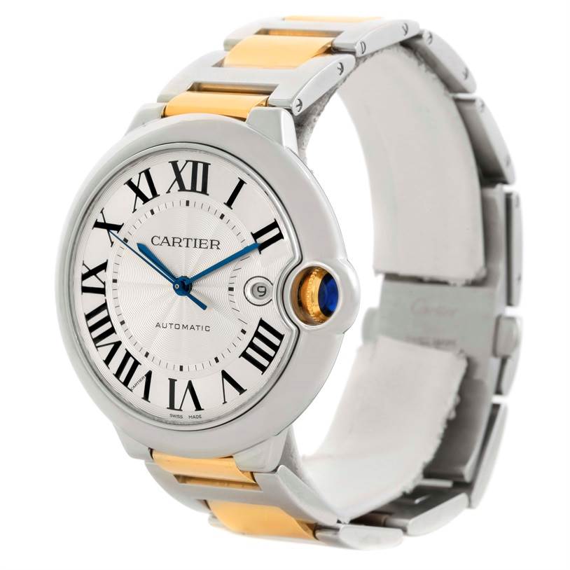 This image shows a Cartier Ballon Bleu W69009Z3 Men's Stainless Steel Silver Dial W69009Z3 Men's Stainless Steel Silver Dial watch from a front and side angle, highlighting its round face, roman numerals, and metal band.