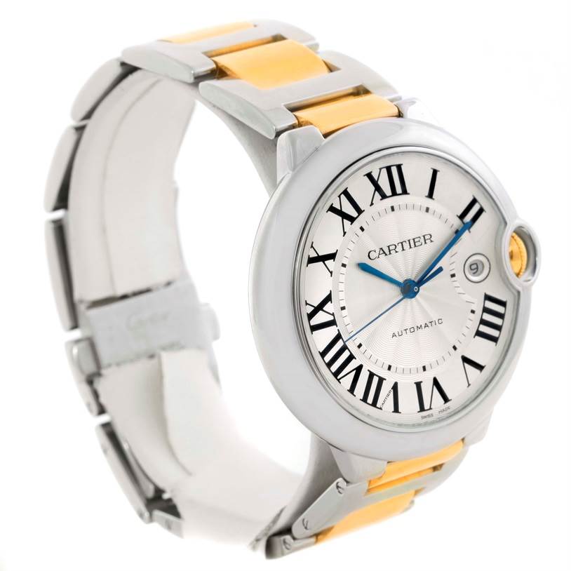 The image shows a side angle of the Cartier Ballon Bleu W69009Z3 Men's Stainless Steel Silver Dial W69009Z3 Men's Stainless Steel Silver Dial watch, highlighting its face and part of the two-tone bracelet.