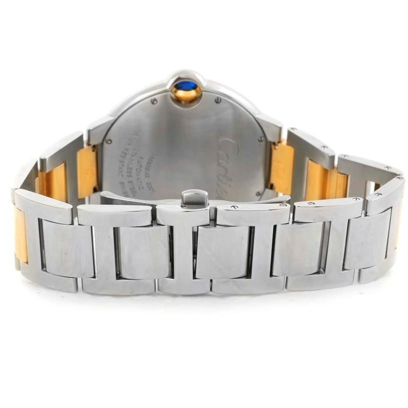 The image shows the back and bracelet of the Ballon Bleu de Cartier watch.