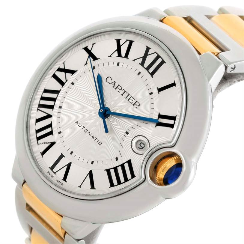 The Cartier Ballon Bleu W69009Z3 Men's Stainless Steel Silver Dial W69009Z3 Men's Stainless Steel Silver Dial watch is shown at a 3/4 angle, highlighting the face, blue hands, Roman numerals, and part of the bracelet.