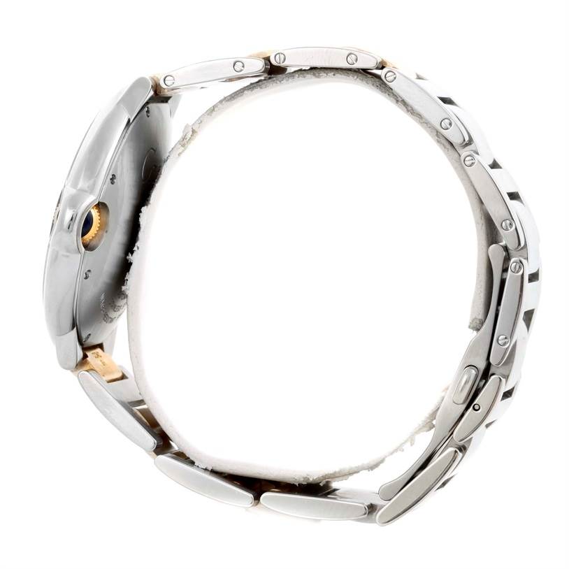 This image shows a side view of the case and metal bracelet of a Cartier Ballon Bleu W69009Z3 Men's Stainless Steel Silver Dial W69009Z3 Men's Stainless Steel Silver Dial watch.