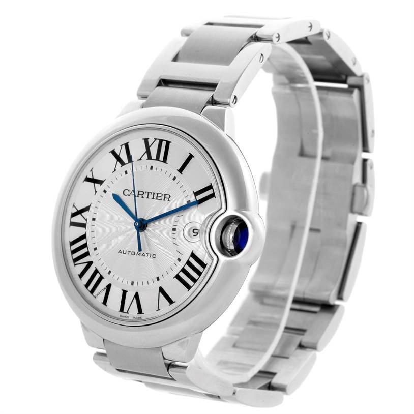 This image shows a Cartier Ballon Bleu W69012Z4 Men
s Stainless Steel Silver Dial W69012Z4 Men
s Stainless Steel Silver Dial watch from a front-right angle, highlighting its silver bracelet, round dial, Roman numerals, and blue hands.