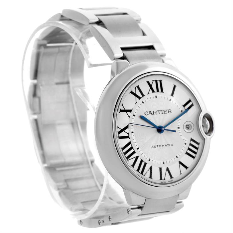 The image shows a side angle of the Cartier Ballon Bleu W69012Z4 Men
s Stainless Steel Silver Dial W69012Z4 Men
s Stainless Steel Silver Dial watch, highlighting its face, bracelet, and crown.