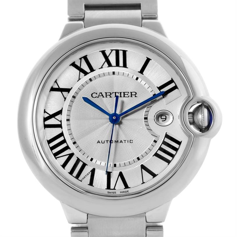 The image shows a close-up view of the face of a Cartier Ballon Bleu W69012Z4 Men
s Stainless Steel Silver Dial W69012Z4 Men
s Stainless Steel Silver Dial watch.