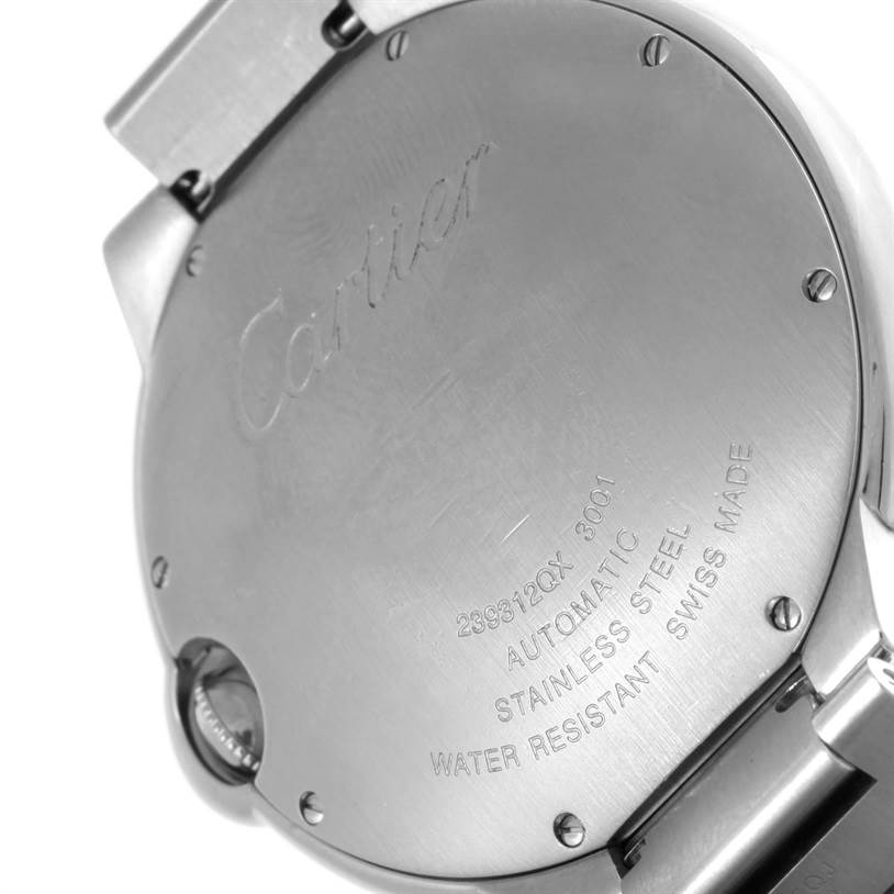 The image shows the back case of a Ballon Bleu model by Cartier, displaying the brand name and specifications.