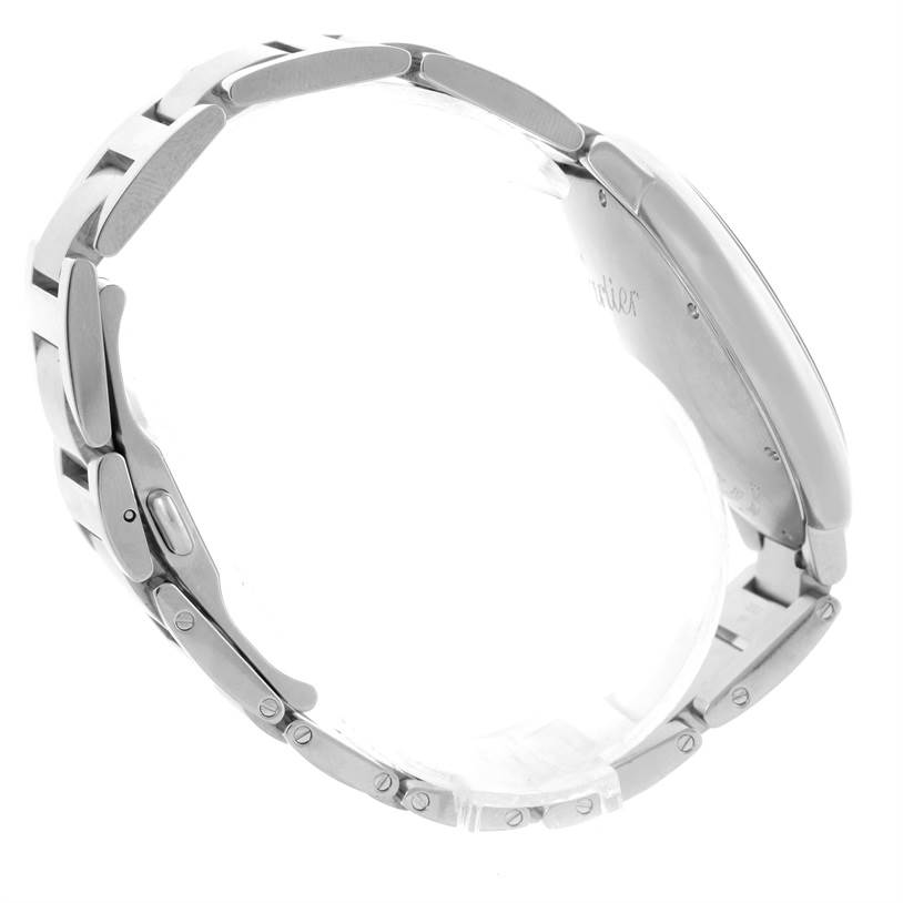 The image shows a side view of a Ballon Bleu de Cartier watch, highlighting its bracelet and part of the back case.