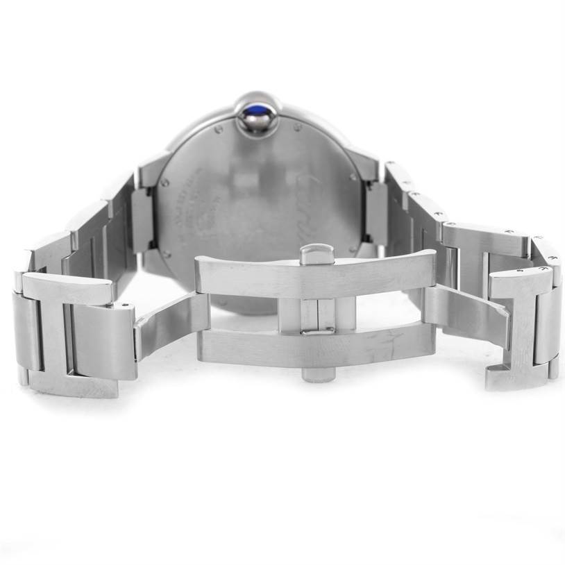 The image shows the back case and opened clasp of a Cartier Ballon Bleu W69012Z4 Men
s Stainless Steel Silver Dial W69012Z4 Men
s Stainless Steel Silver Dial watch.