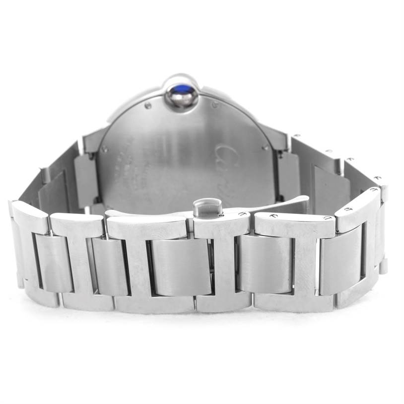 The image shows the back and bracelet of the Cartier Ballon Bleu W69012Z4 Men
s Stainless Steel Silver Dial W69012Z4 Men
s Stainless Steel Silver Dial watch at a slight angle.