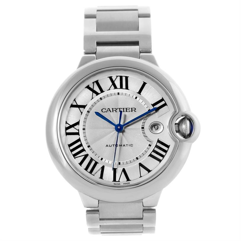 The image shows a front view of a Ballon Bleu de Cartier watch, displaying its face, bracelet, and Roman numeral markers.