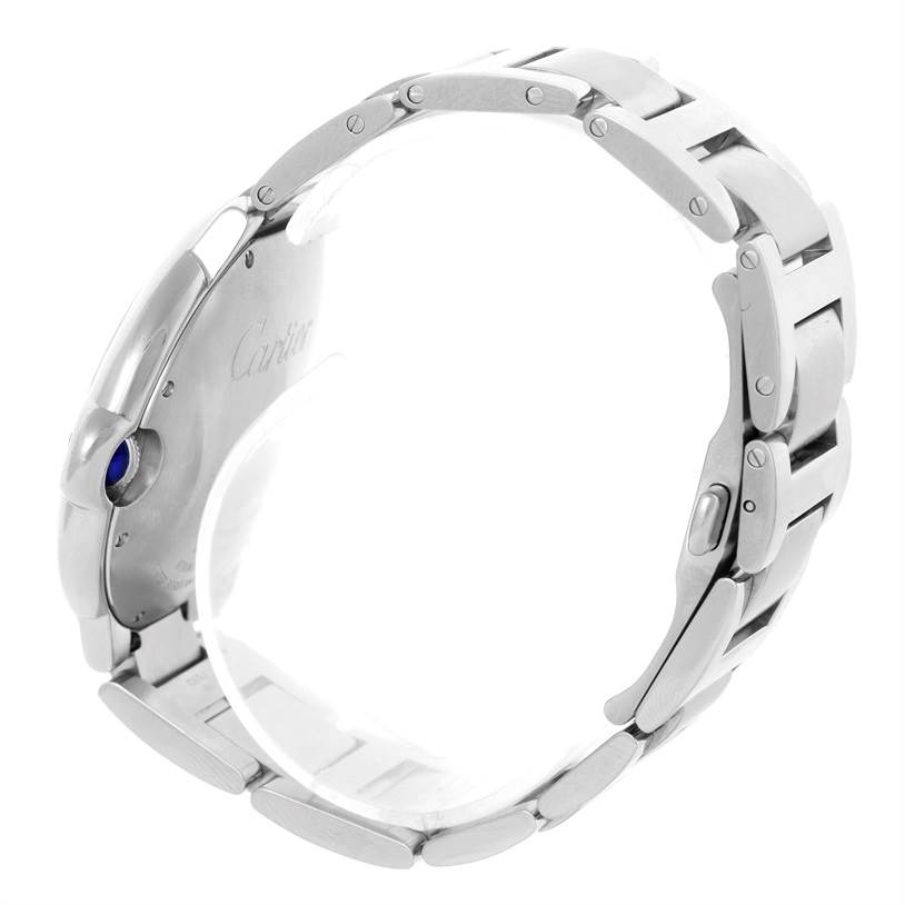 This image shows the side and rear view of the band and clasp of a Cartier Ballon Bleu W69012Z4 Men
s Stainless Steel Silver Dial W69012Z4 Men
s Stainless Steel Silver Dial watch.