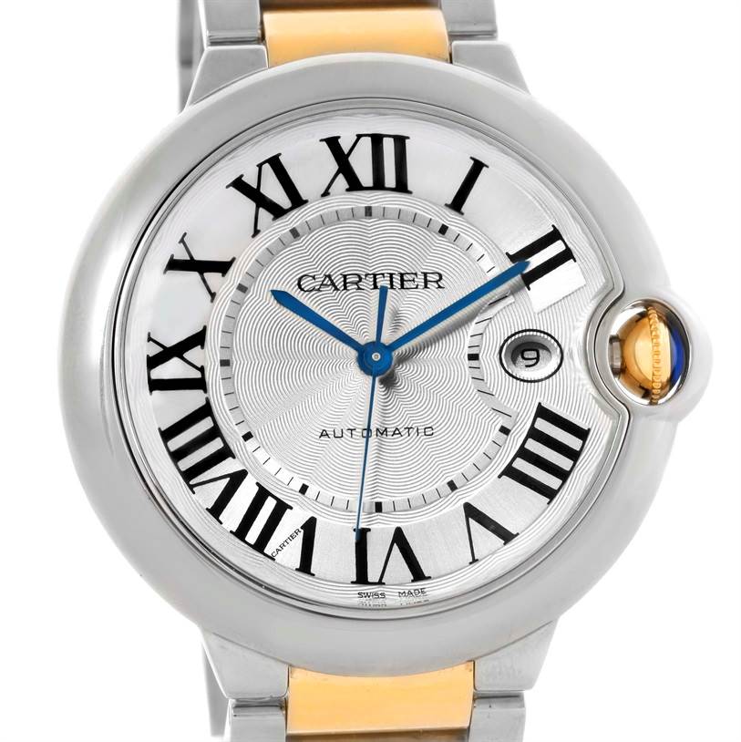 This image shows the face of the Cartier Ballon Bleu 10524 Men's Stainless Steel Silver Dial 10524 Men's Stainless Steel Silver Dial watch, including hands, Roman numeral markers, and date window at 3 o'clock.