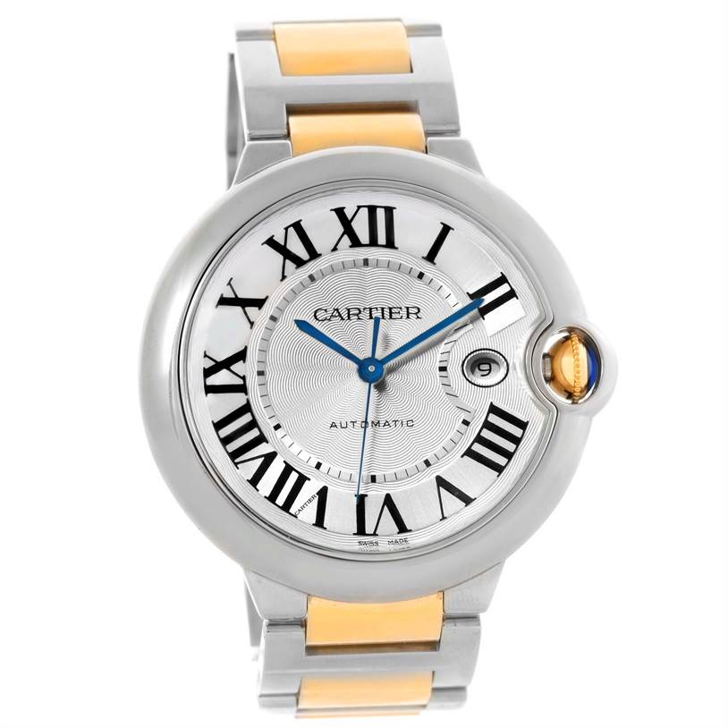 The image shows a front view of a Cartier Ballon Bleu 10524 Men's Stainless Steel Silver Dial 10524 Men's Stainless Steel Silver Dial watch, highlighting its Roman numeral dial, blue hands, and metal bracelet.