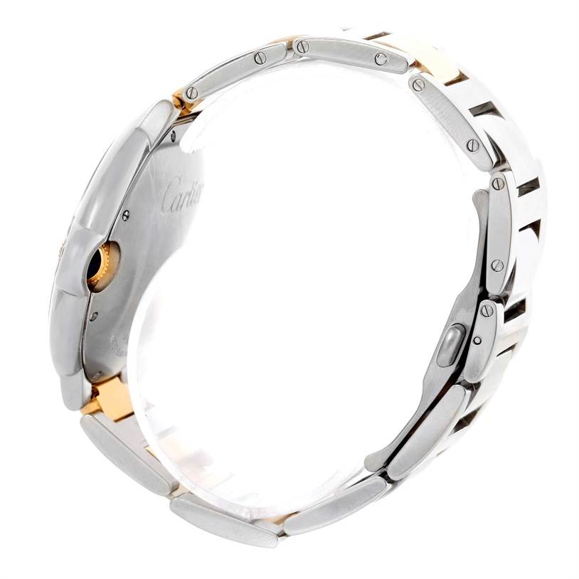 The image shows a side view of a Cartier Ballon Bleu 10524 Men's Stainless Steel Silver Dial 10524 Men's Stainless Steel Silver Dial watch, focusing on its metal bracelet and clasp.