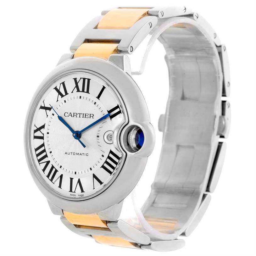 The image shows a Cartier Ballon Bleu 10524 Men's Stainless Steel Silver Dial 10524 Men's Stainless Steel Silver Dial watch angled to display the face, bezel, and part of the bracelet.