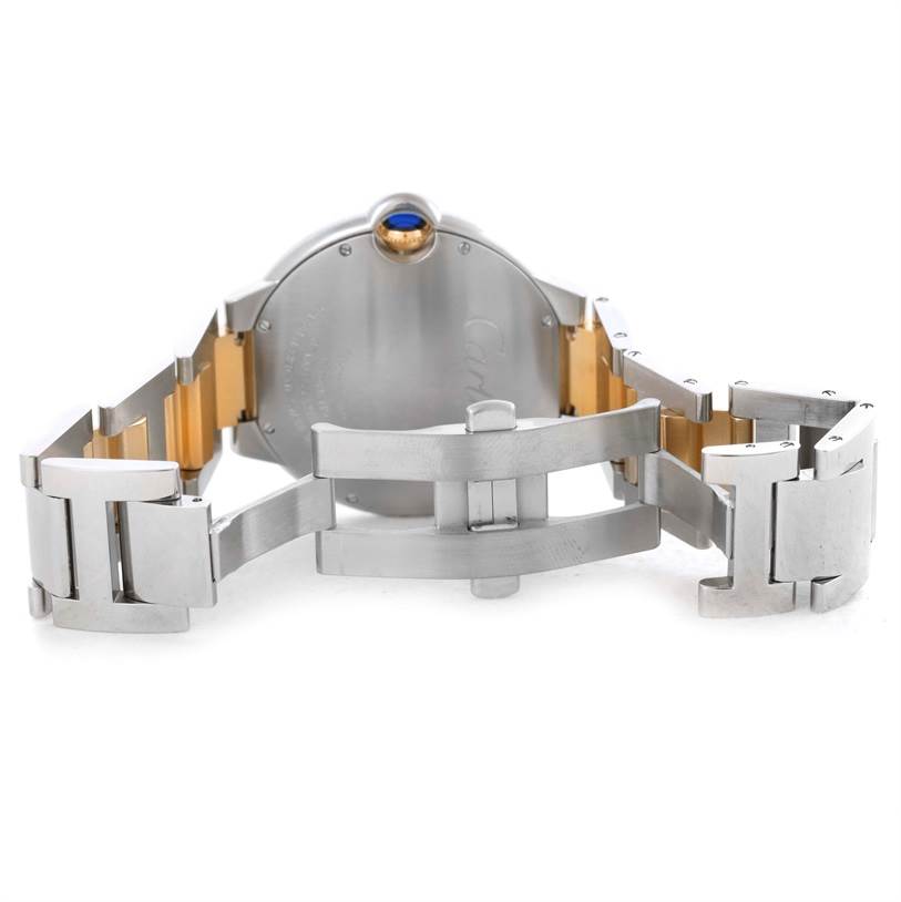 The image shows the back view and open metal bracelet clasp of a Cartier Ballon Bleu 10524 Men's Stainless Steel Silver Dial 10524 Men's Stainless Steel Silver Dial watch.