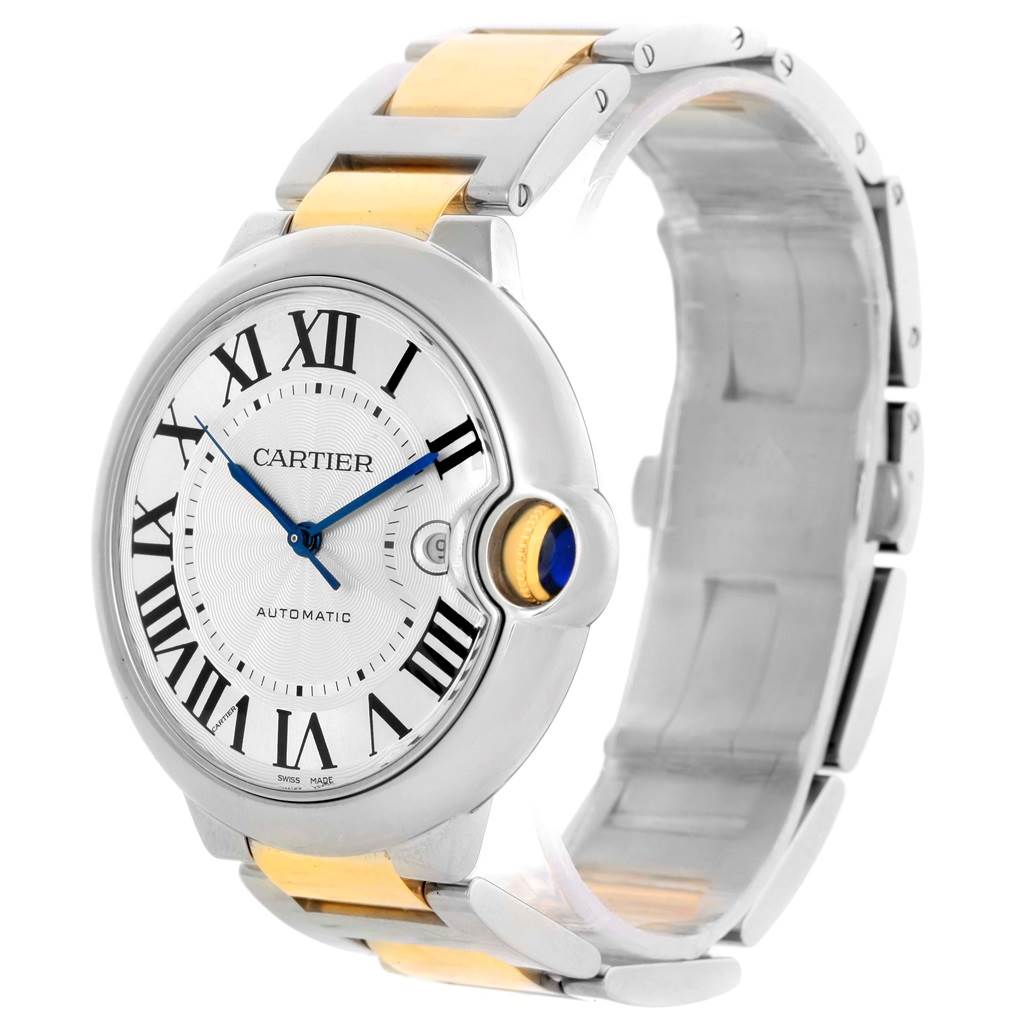 The image shows a Ballon Bleu de Cartier watch at a front angle, highlighting the face, bezel, crown, and part of the strap.