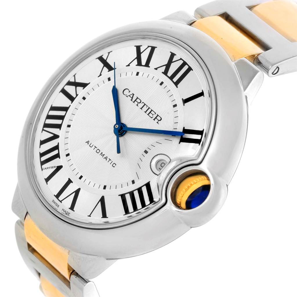 The image shows a close-up angle of the dial and part of the bracelet of the Cartier Ballon Bleu 10524 Men's Stainless Steel Silver Dial 10524 Men's Stainless Steel Silver Dial watch.