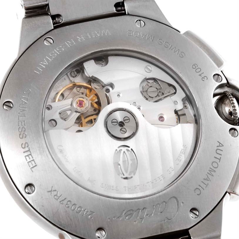 The image shows the back view of the Cartier Ballon Bleu W6920077 Men's Stainless Steel Grey Dial W6920077 Men's Stainless Steel Grey Dial watch, highlighting its exposed automatic movement and stainless steel case.