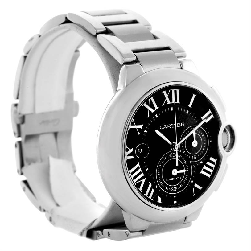 The image shows a Cartier Ballon Bleu W6920077 Men's Stainless Steel Grey Dial W6920077 Men's Stainless Steel Grey Dial watch at a side angle, highlighting its black dial, roman numerals, and metal bracelet.