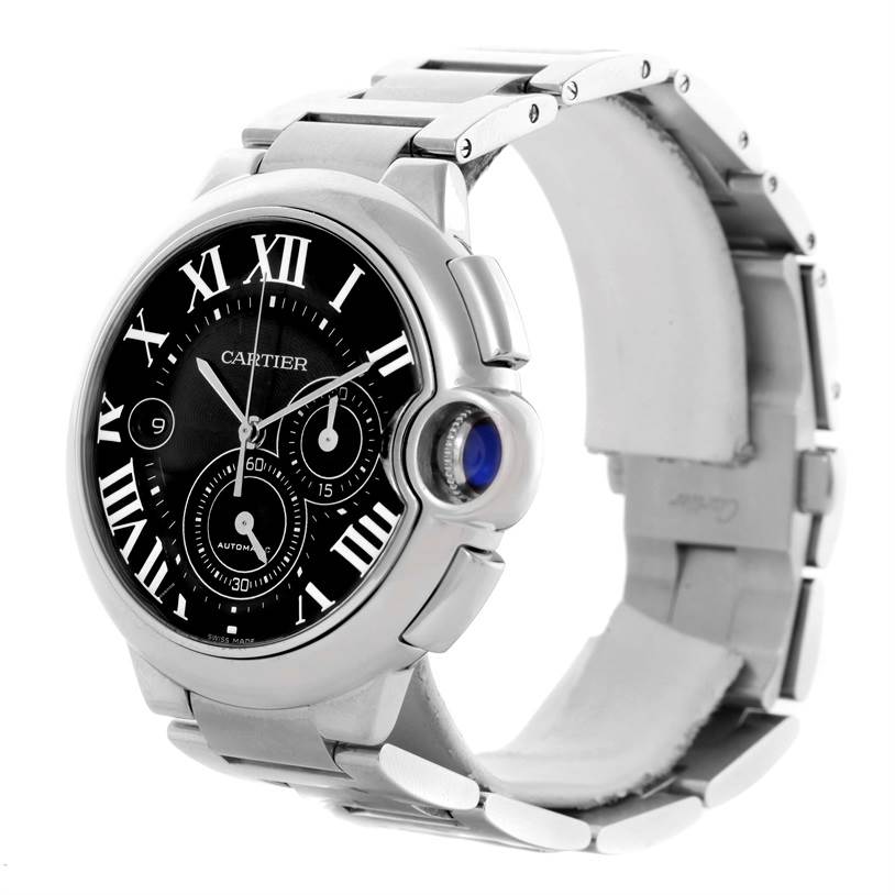 The image shows a Cartier Ballon Bleu W6920077 Men's Stainless Steel Grey Dial W6920077 Men's Stainless Steel Grey Dial watch at an angle highlighting the face, bracelet, and crown.