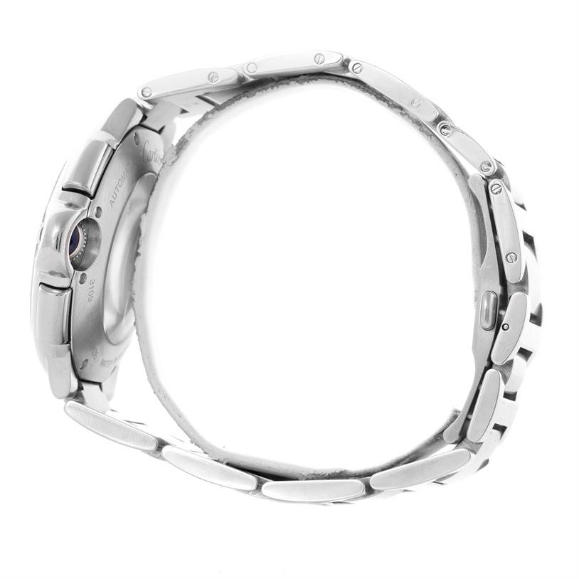The image shows a side view of the Ballon Bleu by Cartier, highlighting the watch's metal strap and case.