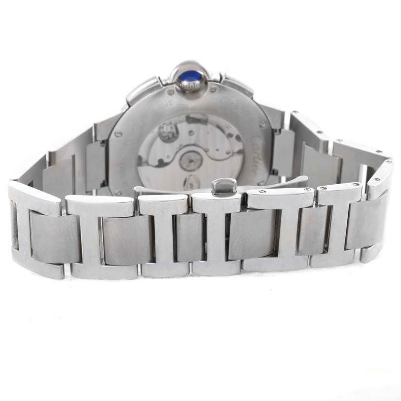 This image shows the back view of the Ballon Bleu model by Cartier, highlighting its stainless steel bracelet and transparent case back.