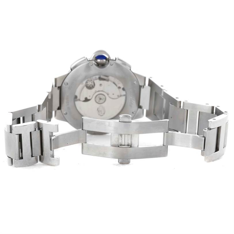 The image shows the back view of a Cartier Ballon Bleu W6920077 Men's Stainless Steel Grey Dial W6920077 Men's Stainless Steel Grey Dial watch, illustrating the metal bracelet and clasp.