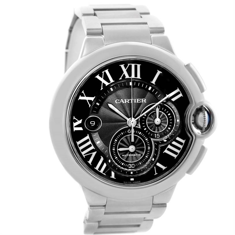 The image shows a front angle view of the Cartier Ballon Bleu W6920077 Men's Stainless Steel Grey Dial W6920077 Men's Stainless Steel Grey Dial watch with a metal bracelet and a detailed black dial.