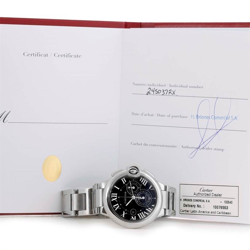 The image shows a Cartier Ballon Bleu W6920077 Men's Stainless Steel Grey Dial W6920077 Men's Stainless Steel Grey Dial watch and its certificate, showcasing the bracelet and watch face.
