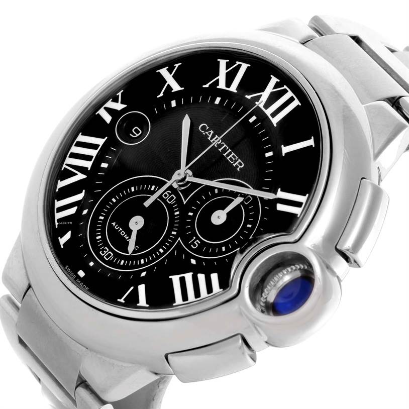 This image shows a close-up view of the dial, case, and part of the bracelet of the Cartier Ballon Bleu W6920077 Men's Stainless Steel Grey Dial W6920077 Men's Stainless Steel Grey Dial watch.