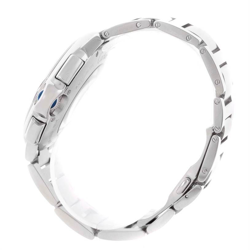 The image shows a side view of the Ballon Bleu model by Cartier, highlighting the bracelet, crown, and case.