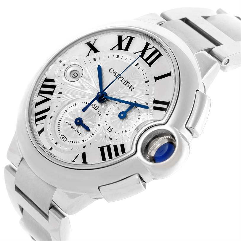 The image shows a side angle of the Cartier Ballon Bleu W6920002 Men's Stainless Steel Silver Dial W6920002 Men's Stainless Steel Silver Dial watch, detailing its face, Roman numerals, and distinctive crown with a blue cabochon.