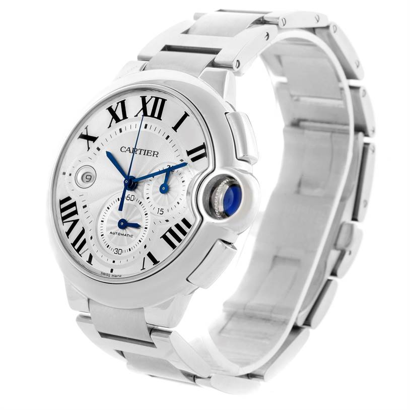 The Cartier Ballon Bleu W6920002 Men's Stainless Steel Silver Dial W6920002 Men's Stainless Steel Silver Dial watch is shown at a three-quarter angle, displaying the dial, case, crown, and bracelet.