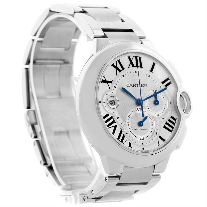 This Cartier Ballon Bleu W6920002 Men's Stainless Steel Silver Dial W6920002 Men's Stainless Steel Silver Dial watch is shown from an angled view, highlighting its face, dial, and metallic strap.