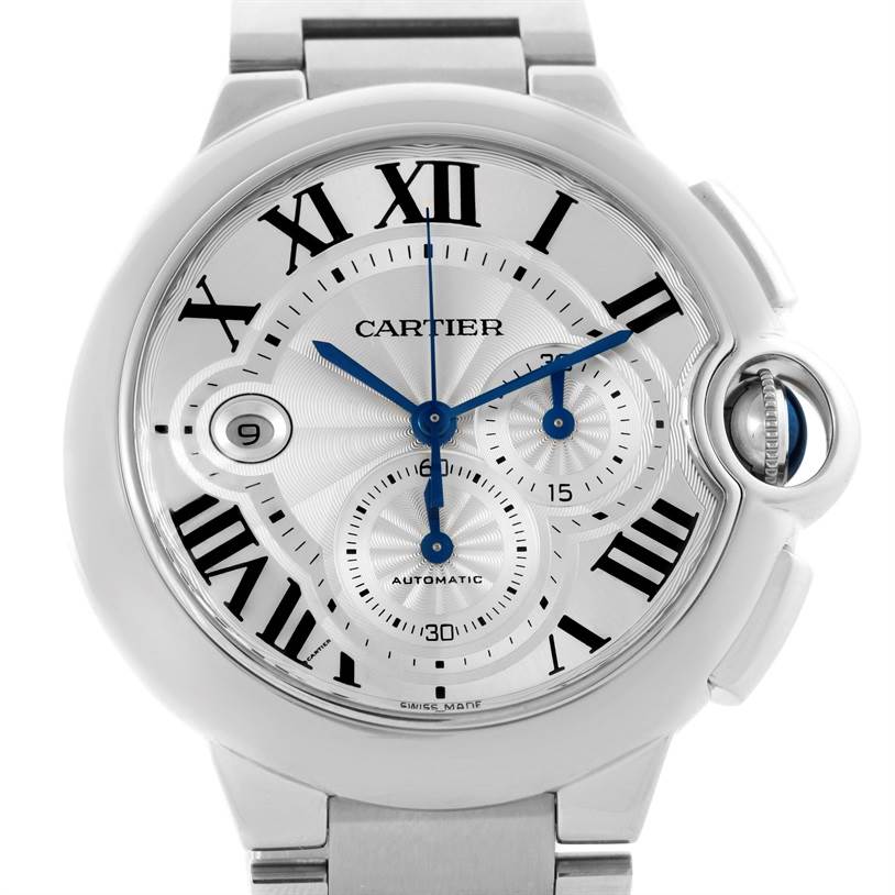 The image shows a close-up of the face of the Cartier Ballon Bleu W6920002 Men's Stainless Steel Silver Dial W6920002 Men's Stainless Steel Silver Dial watch, highlighting its Roman numerals and subdials.