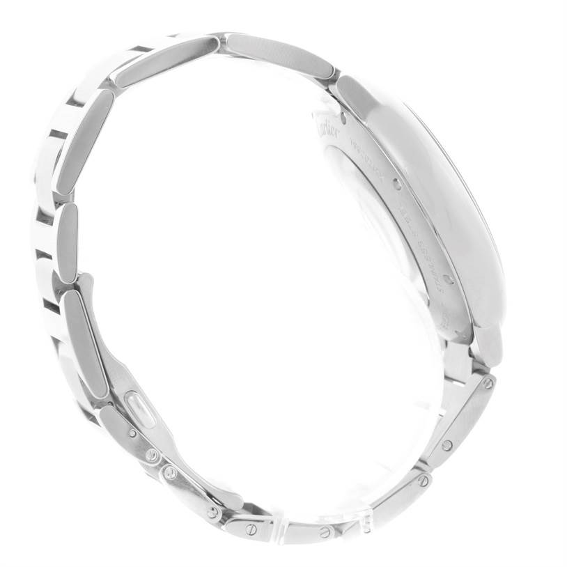 The image shows a side view of the Ballon Bleu de Cartier watch, highlighting its case and metal bracelet.