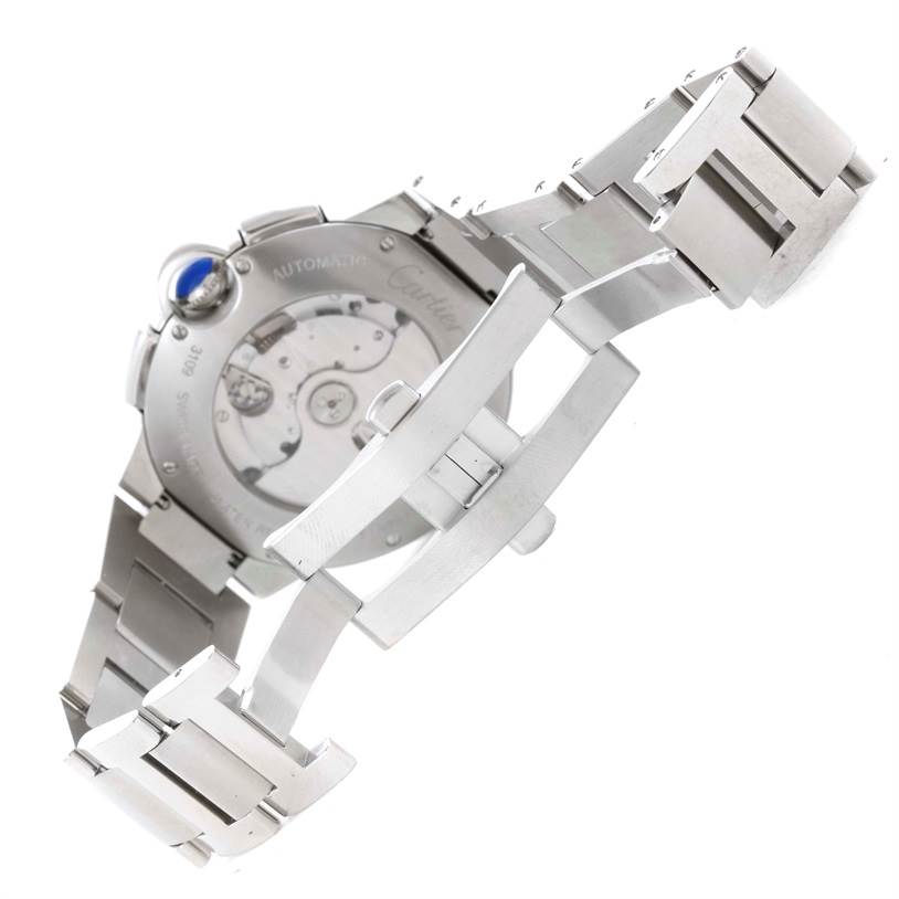 This image shows the back view of the Ballon Bleu model by Cartier, including the case back and partially open bracelet.