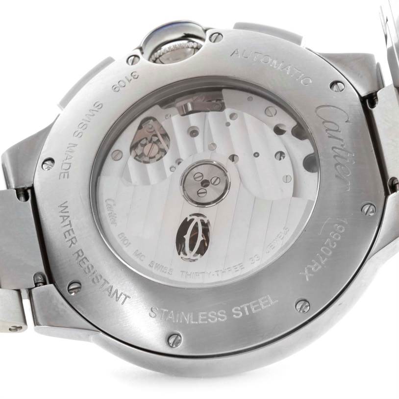 The image shows the back side of the Cartier Ballon Bleu W6920002 Men's Stainless Steel Silver Dial W6920002 Men's Stainless Steel Silver Dial watch, featuring the movement mechanism and case engravings.