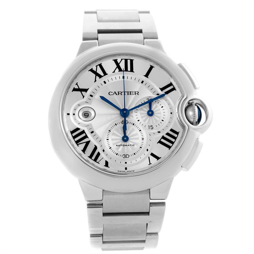 This image shows a front view of the Cartier Ballon Bleu W6920002 Men's Stainless Steel Silver Dial W6920002 Men's Stainless Steel Silver Dial watch, highlighting the face, hands, and bracelet.