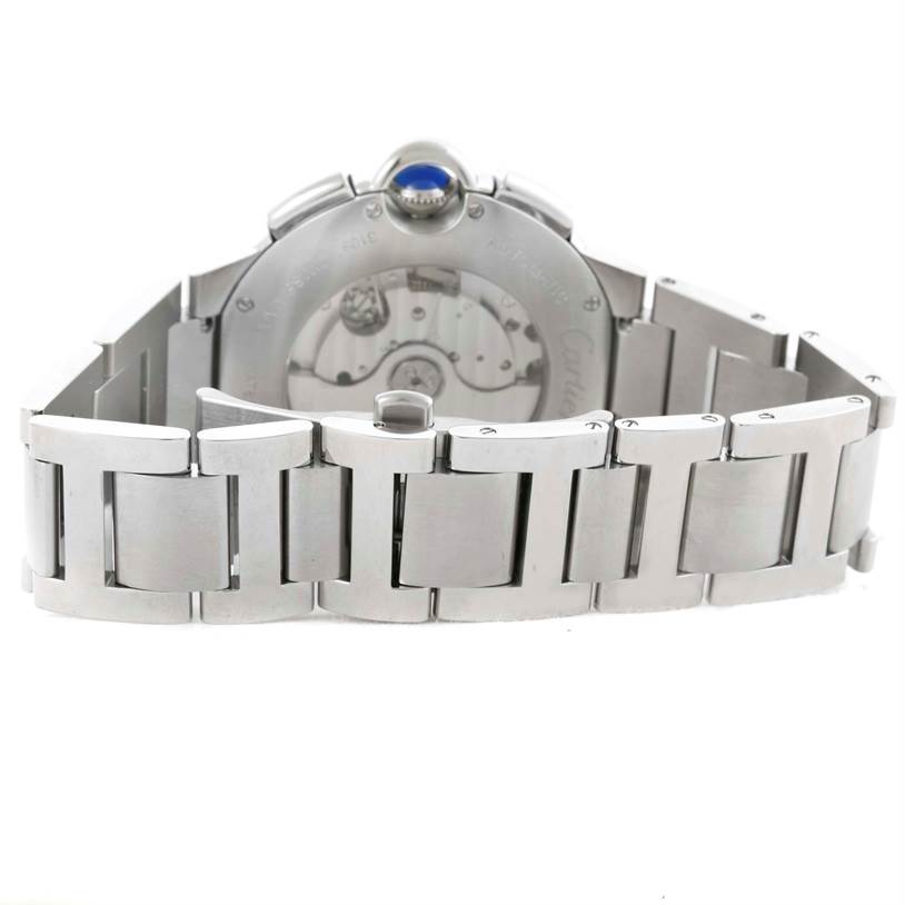 The image shows the back view of a Cartier Ballon Bleu W6920002 Men's Stainless Steel Silver Dial W6920002 Men's Stainless Steel Silver Dial watch showcasing its metal bracelet and case back.