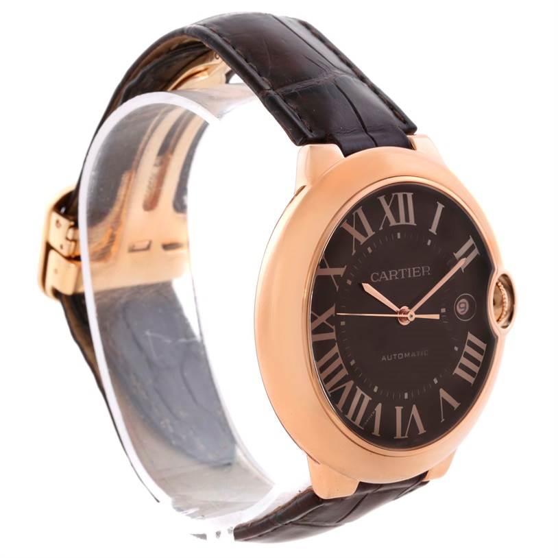 The Ballon Bleu model by Cartier is shown from a left side angle, displaying the face, crown, and leather strap.