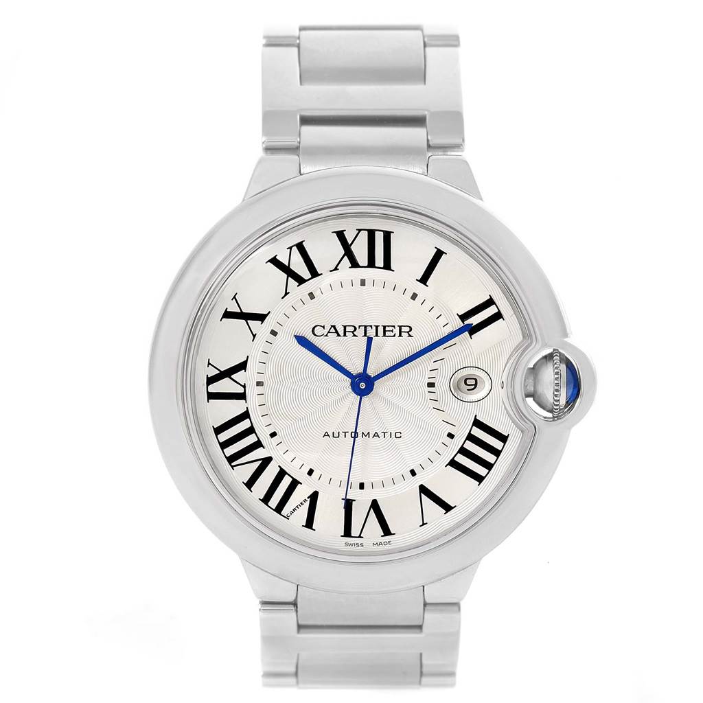 The image shows a front view of a Cartier Ballon Bleu W69012Z4 Men's Stainless Steel Silver Dial W69012Z4 Men's Stainless Steel Silver Dial watch, highlighting its dial, hands, crown, and bracelet.