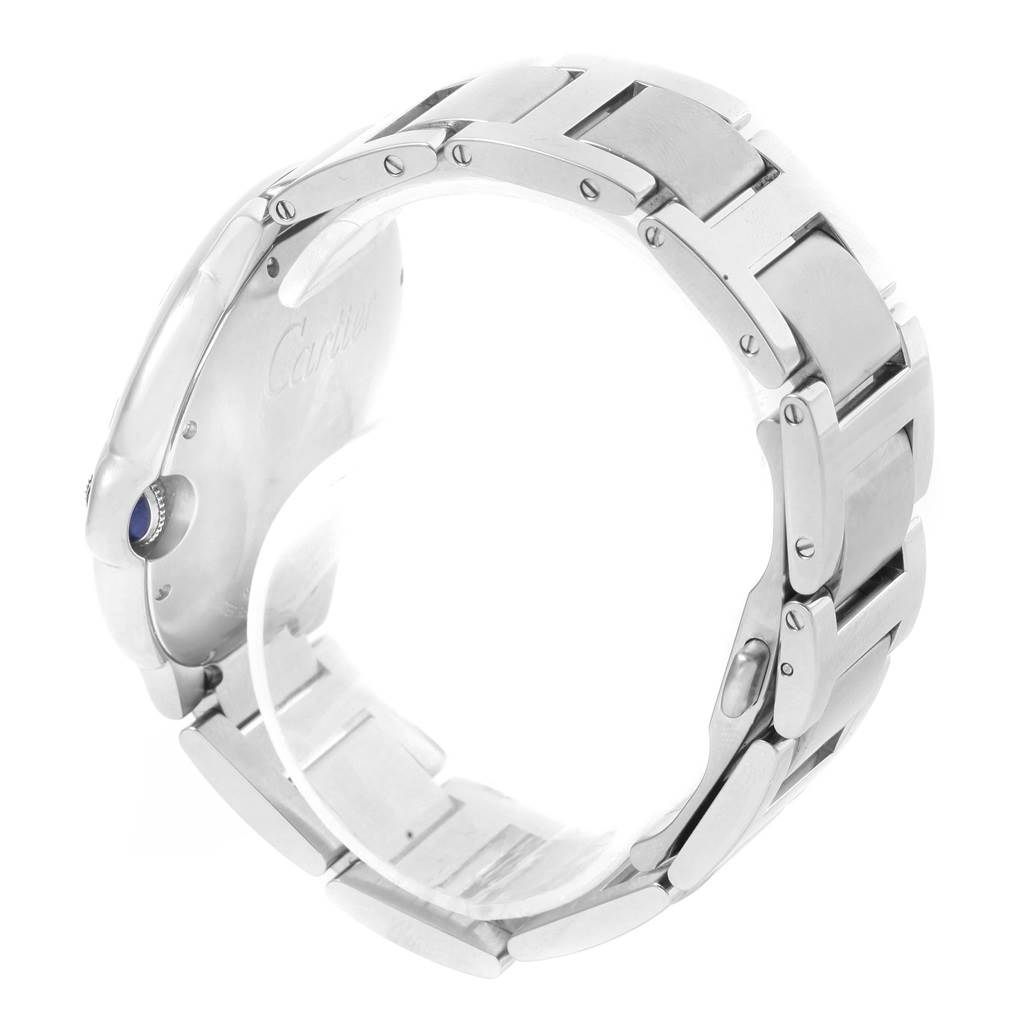 This image shows the side angle and bracelet of a Cartier Ballon Bleu W69012Z4 Men's Stainless Steel Silver Dial W69012Z4 Men's Stainless Steel Silver Dial watch, focusing on its metal links and crown.