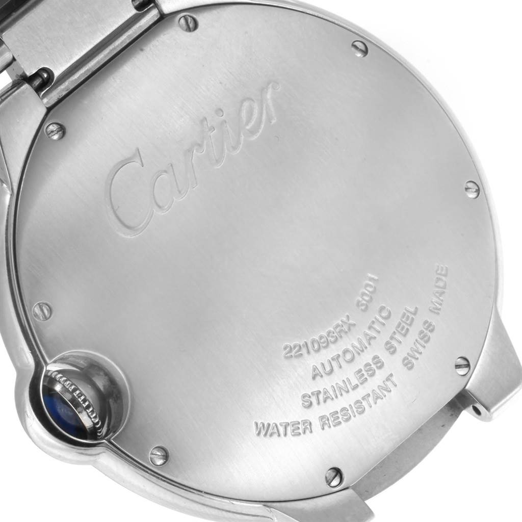 The image shows the case back of a Cartier Ballon Bleu W69012Z4 Men's Stainless Steel Silver Dial W69012Z4 Men's Stainless Steel Silver Dial watch, engraved with brand and model information.
