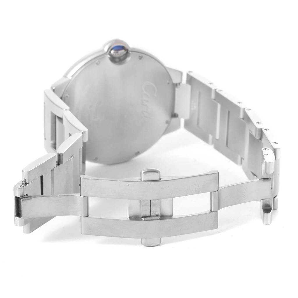 The image shows the back view of a Cartier Ballon Bleu W69012Z4 Men's Stainless Steel Silver Dial W69012Z4 Men's Stainless Steel Silver Dial watch, focusing on the case and open metal bracelet.